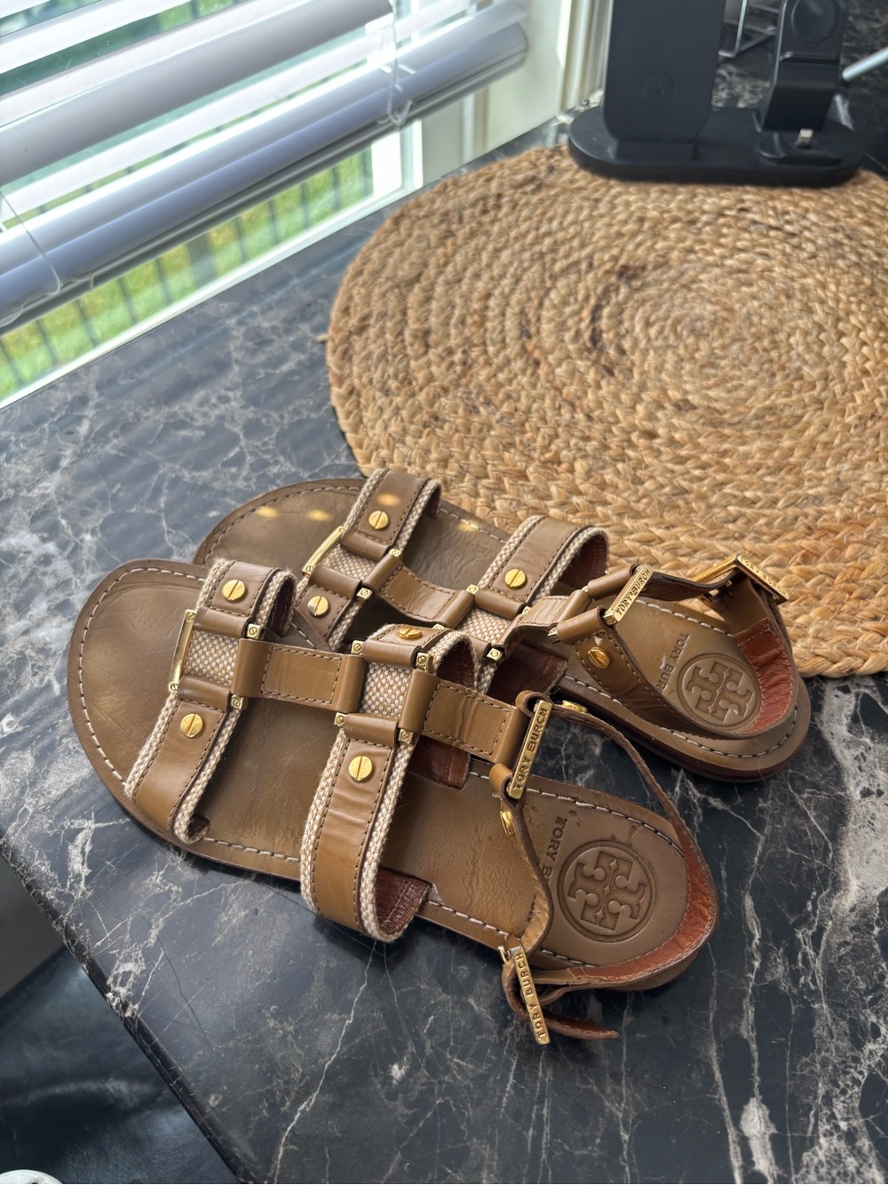 Tory Burch Tan Leather Strappy Sandals with Gold Hardware
